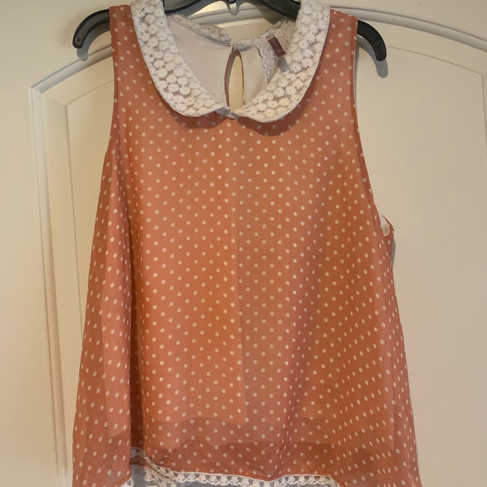 Salmon Colored Polka Dot and Lace Blouse